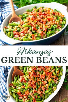 green beans with bacon and parsley in a white serving dish on a wooden table