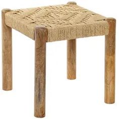 small wooden stool with woven seat cushion