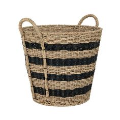 a black and white striped basket with handles