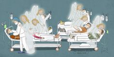 two angels in white coats are tending to an injured man on a hospital bed with medical equipment