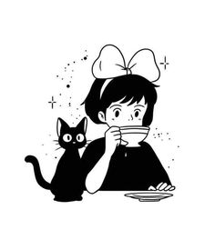 a girl with a cat and a bowl in front of her is holding a plate