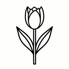 a black and white drawing of a tulip with two leaves on the tip of it