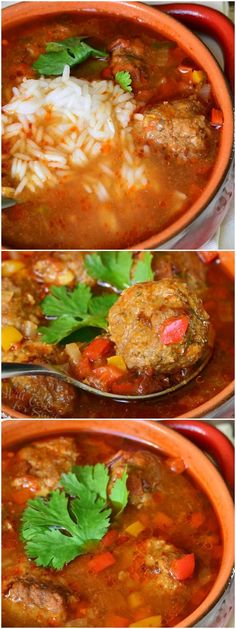 three pictures of soup with meat, rice and cilantro