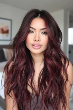 Woman with long, wavy, dark red hair stands in a modern, bright room. Deep Wine Balayage Hair, Copper Burgundy Balayage, Subtle Red Ombre Hair, Merlot Bayalage Hair, Caramel Balayage On Red Hair, Red Maroon Hair Burgundy, Multi Color Highlights For Brunettes, Burgundy Hair With Brown Roots, Red Bayalage Hair Brunette