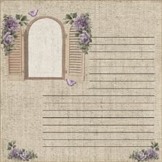 an old fashioned photo frame with purple flowers and shutters on it, in front of a window