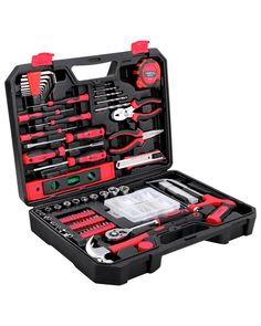 an open tool box filled with tools on a white background