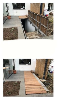 two pictures showing the steps leading up to an open door and outside area with plants in pots