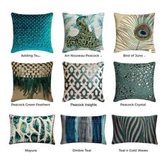 six pillows with different patterns and designs on them, including peacocks, peacock feathers, peacock