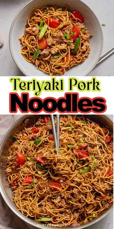 two pictures of noodles with meat and vegetables in a skillet, one is being cooked