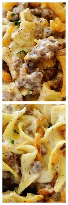 two pictures showing different types of pasta with meat and cheese on top, one in the middle