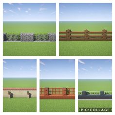 four different views of a park bench and fence