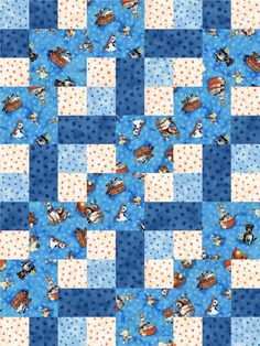 a blue and white checkered fabric with cartoon characters on it