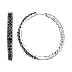 Decorated with black diamonds and a fashionable inside-out design, these 10k white gold hoop earrings are a stylish complement to your attire. Decorated with black diamonds and a fashionable inside-out design, these 10k white gold hoop earrings are a stylish complement to your attire. Width: 17 mm Backings: click-it Metal: 10k white gold Plating: rhodium Finish: polished Packaging: boxedDIAMOND DETAILS Total weight: 1/2 ct. Setting: prong Color: black Shape: round Gemstones may have been treated Black Diamond Hoop Earrings, White Gold Hoop Earrings, White Gold Hoops, Jewelry Delicate, Snow Fashion, Black Diamonds, Diamond Hoop Earrings, Gold Hoops, Jewelry Earrings Hoops