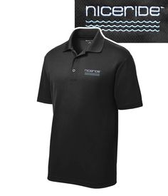 a black polo shirt with the name nice ride on it and an image of a white logo