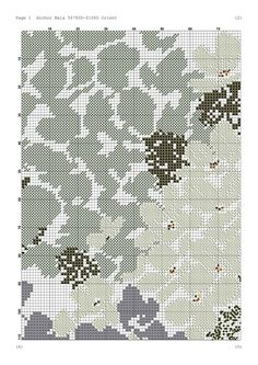 a cross stitch pattern with flowers and leaves in grey, white and brown colors on a green background