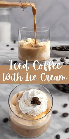 iced coffee with ice cream is being poured into a small glass bowl and topped with whipped cream