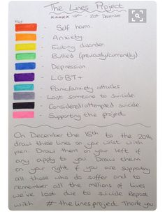 Everyone should do this to raise awareness for depressions, anxiety, self harm, and suicide. (Especially of you go to a public school) Lines Project, 4 Panel Life, Faith In Humanity Restored, Humanity Restored, Losing Someone, My Chemical, The Avengers, Emotional Health