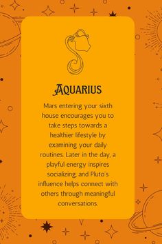 the zodiac sign for aquarius is displayed on an orange background with black and white stars