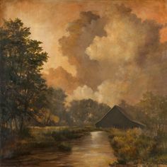 an oil painting of a river with trees and clouds in the sky above it is a barn