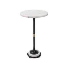 a white marble topped table with black metal legs and a gold plated base on an isolated pedestal