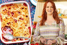 a woman in a colorful dress standing next to a casserole dish with cherries on it