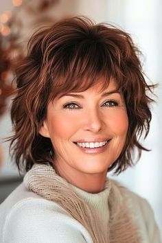 31 Sensational Short Shag Hairstyles For Women Over 60 To Get Right Now - The Hairstyle Edit Short Wavy Shag With Bangs, 60s Shag Haircut, Messy Short Hairstyle Women, Shag Hairstyles Short, Short Shag With Bangs, Shorter Layered Haircuts, Medium Shag Hairstyles, Medium Shaggy Hairstyles, Shag Hair