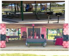 there are two pictures of a picnic area with pink and blue decorations on the tables