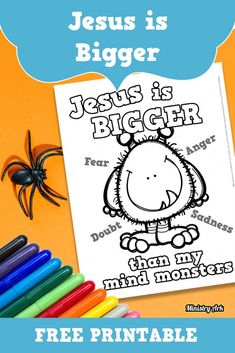 jesus is bigger than my spider coloring page with markers and crayons on the table