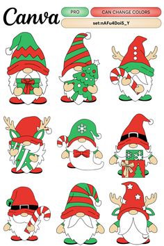 an image of gnomes with christmas hats and candy canes on their heads, all in