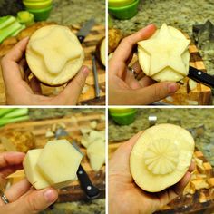 four pictures showing how to cut and slice an apple