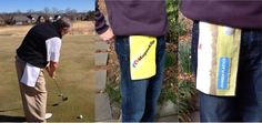 two men are playing golf on the same course and one is holding a yellow bag