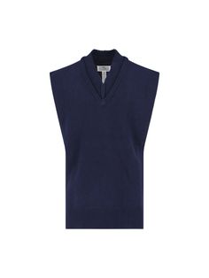 46% Lana, 31% Lino, 23% Cotone | Maison Margiela Men's Vest in Blue | FW23/24 Knit Waistcoat, Haute Couture Designers, Couture Designers, Androgynous Fashion, Cotton Vest, Men's Vest, Mens Vest, Shirt Skirt, Luxury Retail