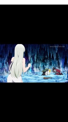 an anime scene with two people standing in the water and one person looking at something