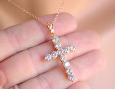 "This is a large 18kt rose gold filled crystal cross pendant necklace for women. This very impressive large cross measures 39x21mm while it sparkles with large CZ crystals! This beautiful cross comes on a 16\", 18', 20\", 22\" or 24\" 14kt rose gold filled cable chain and has a spring clasp in back. This is a stunning statement piece, high quality is guaranteed! Comes nicely boxed for the perfect gift! Model is wearing a 16\" length. All my jewelry is handmade and made to order. This necklace wi Crystal Cross Pendant Necklace As Gift, Crystal Crucifix Jewelry As Gift, Rose Gold Cubic Zirconia Cross Pendant Necklace, Rose Gold Cubic Zirconia Cross Pendant, Rose Gold Cubic Zirconia Cross Necklace, Catholic Jewelry Necklace, Cross Pendant Necklace Woman, 14kt Gold Jewelry, Cross Necklace Women