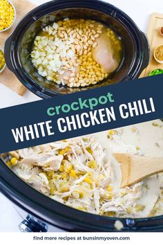 crockpot white chicken chili recipe in the slow cooker with text overlay