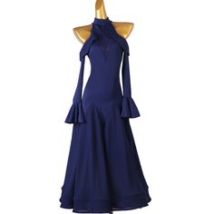 a blue dress with long sleeves and an open neckline on a mannequin