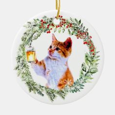 a christmas ornament with an orange cat holding a beer in it's hand