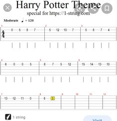 the guitar tab with harry potter theme on it, which is highlighted in red and yellow