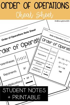 the order of operations worksheet is shown with text that reads order of operations