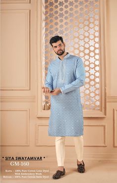 *PRODUCT DETAILS:- Get an absolute regal look apt for any event in this Soft blue cotton leno kurta pajama for men. Feel comfortable and in sync with the latest in fashion. *THREAD TALE:- This Kurta Set has been made by our karigars (craftsmen) with a lot of love and eye for detail. *FEATURES:- Color:  Soft Blue Fabric: 100% pure cotton leno Design Type: Neck Embroidery for kurta only Items Included:  (i)  Kurta ,                                (ii) Pant waist half elastic (100% heavy tensile cotton) Wash Care: Dry Clean Only Disclaimer Text: Product color may slightly vary due to photographic lighting sources or your monitor/screen settings. Light Blue Cotton Kurta For Diwali, Light Blue Straight Kurta For Diwali, Light Blue Long Sleeve Kurta With Dabka, Light Blue Long Sleeve Dabka Kurta, Light Blue Dabka Embellished Long Sleeve Kurta, Blue Cotton Straight Kurta Sherwani, Blue Cotton Sherwani For Eid, Eid Blue Cotton Sherwani, Kurta Pajama For Men