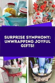 the words surprise symphone unwrapping joyful gifts are in purple and blue