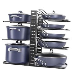 a rack with pots and pans on it