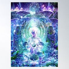 an image of a woman surrounded by blue and green flowers with her hands in the air poster