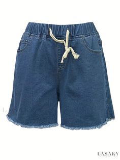 Lasaky - Womens High Stretch Raw Hem Denim Shorts with Drawstring Waistband - Frayed Edge Washed Blue Casual Shorts for Summer and Fall Summer Denim Jeans With Drawstring, Summer Drawstring Denim Jeans, High Rise Denim Blue Bottoms With Drawstring, Denim Blue High Rise Bottoms With Drawstring, High Waist Denim Bottoms With Drawstring, Summer Blue Jeans With Drawstring, Summer Denim Bottoms With Drawstring, Summer Cotton Jeans With Drawstring, Summer Drawstring Denim Bottoms