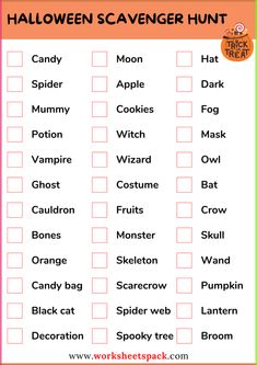 halloween scavenger hunt for kids with words and pictures to print out on it