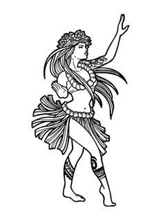 a black and white drawing of a woman wearing a hula skirt with her arms in the air