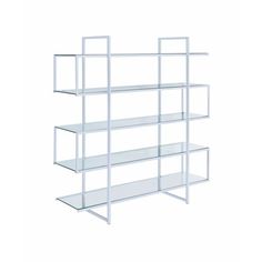 a white shelf with glass shelves on each side and two rows of shelves in the middle