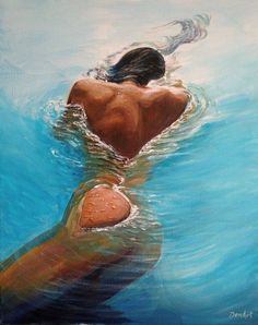 a painting of a woman swimming in the water with her back turned to the camera