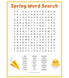 a printable spring word search with an orange and yellow theme on the bottom corner