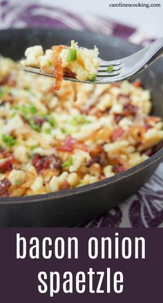 bacon onion spaghetti in a cast iron skillet with text overlay that reads bacon onion spazzile